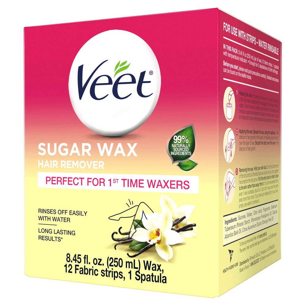 VEET Sugar Wax Hair Remover - Perfect for First Time Waxers - Contains 12 Fabric Strips & 1 Spatula with a Temperature Indicator