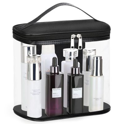Heavy Duty Leak Proof Clear Travel Bags for Toiletries, Transparent Makeup Cosmetic Bag with Zipper and Handle (Large, Black)
