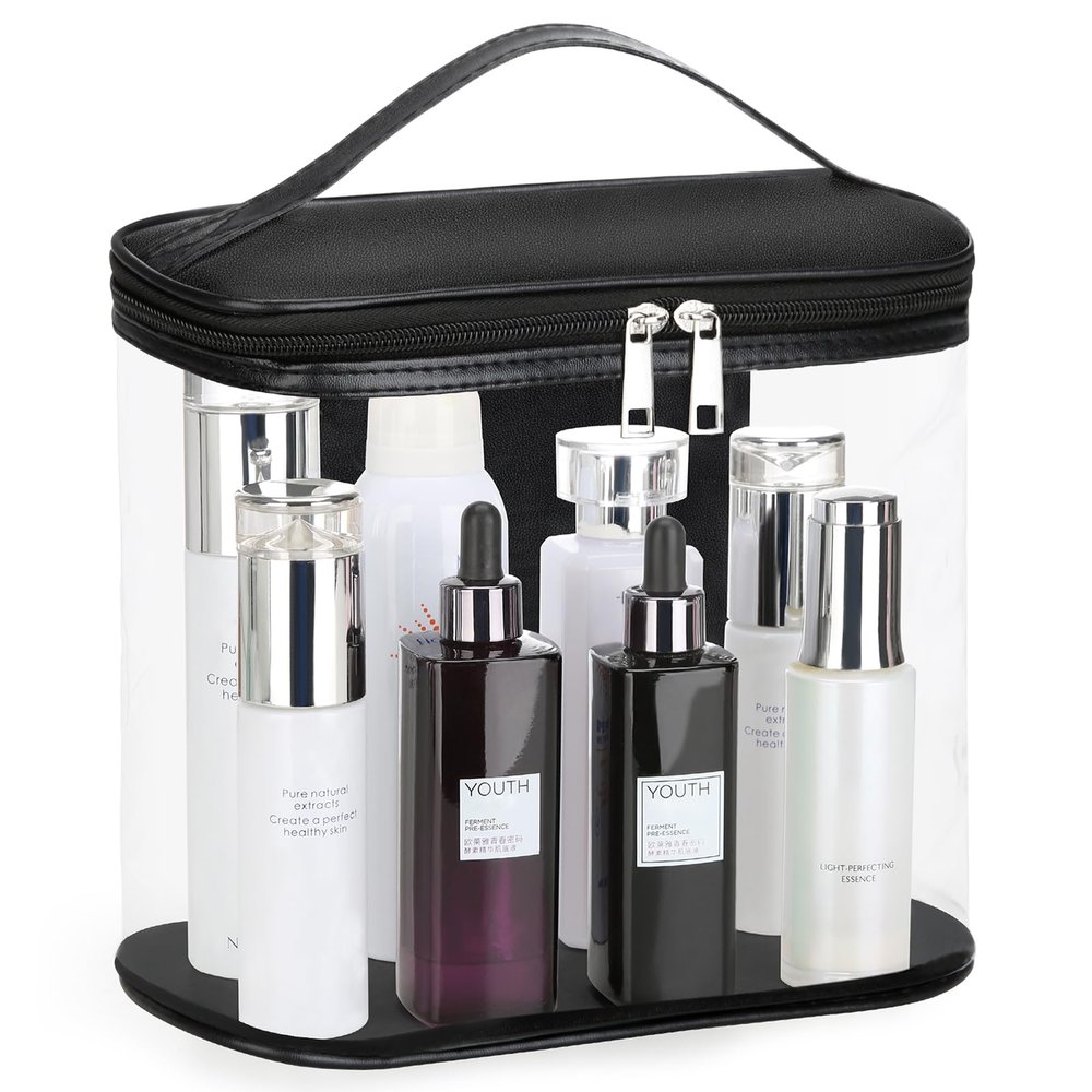 Heavy Duty Leak Proof Clear Travel Bags for Toiletries, Transparent Makeup Cosmetic Bag with Zipper and Handle (Large, Black)