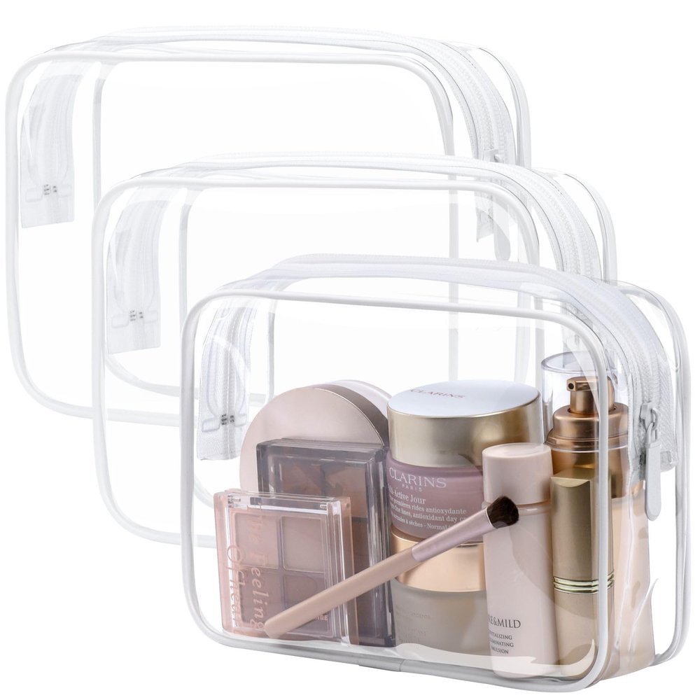 PACKISM TSA Approved Toiletry Bag - Clear Makeup Bag 3 Pack Medium, Quart Size Bag with Metal Smooth Zipper, Multi-use Storage Travel Makeup Pouch for Women, Airport Airline Compliant Bag, White