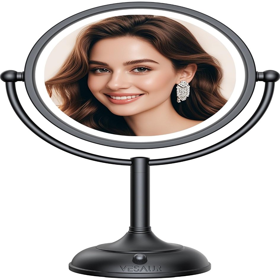 VESAUR Professional 8.5" Lighted Makeup Mirror, 1X/10X Double Sided HD Undistorted Magnifying Mirror with 3 Color 90 Dimmable LED lights, 360 Rotation Vanity Mirror, Unique Black Nickel with Gift Box