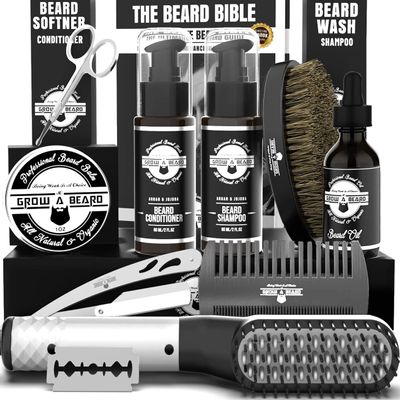 Beard Straightener Grooming Kit for Men, Beard Growth Kit, Wash, Brush & Comb, Unscented Growth Oil, All Natural Sandalwood Balm, Conditioner, Razor & Scissors, Great Gift Idea for Men's (Black)