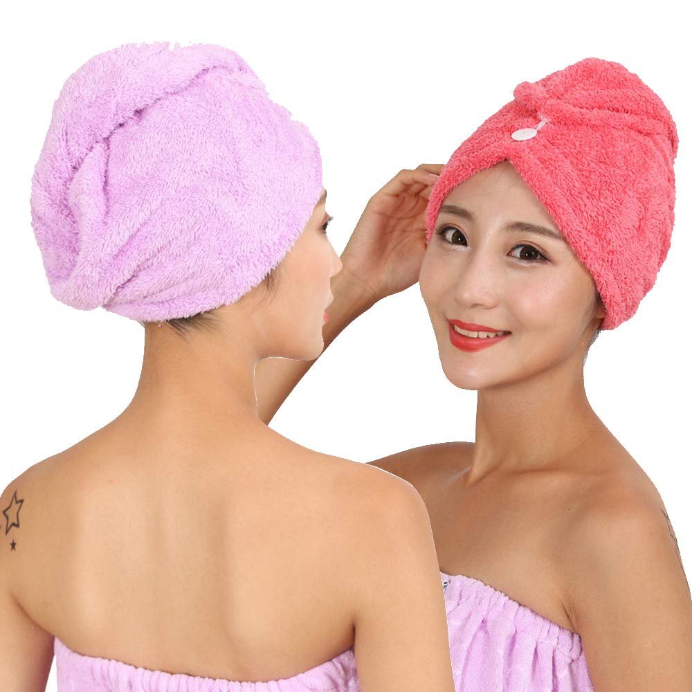 Abcsea 2 pieces quick drying hair towel caps, quick microfiber drying hair turban, Super Absorbent Hair Towel, quick dry turban hair towel, hair dry cap, purple and red
