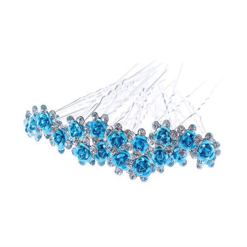 20 PCS Bridal Wedding Rhinestone Rose Flower U-shaped Hair Pins Crystal Rose Flower Hair Clips for Women Hair Jewelry Accessories (Sky Blue)