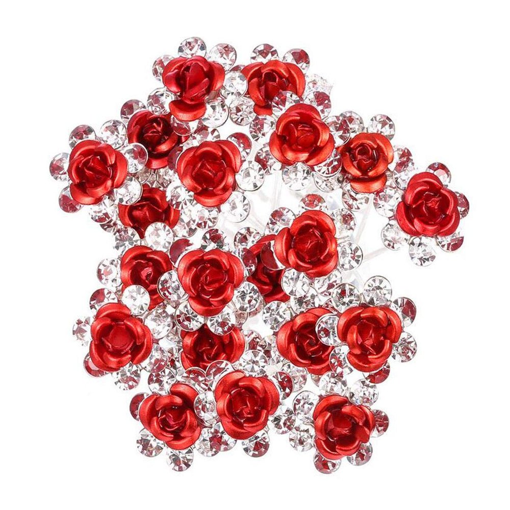 20 PCS Bridal Wedding Rhinestone Rose Flower U-shaped Hair Pins Crystal Rose Flower Hair Clips for Women Hair Jewelry Accessories (Red)
