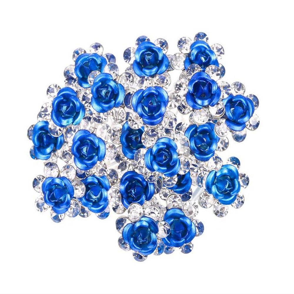 20 PCS Bridal Wedding Rhinestone Rose Flower U-shaped Hair Pins Crystal Rose Flower Hair Clips for Women Hair Jewelry Accessories (Blue)