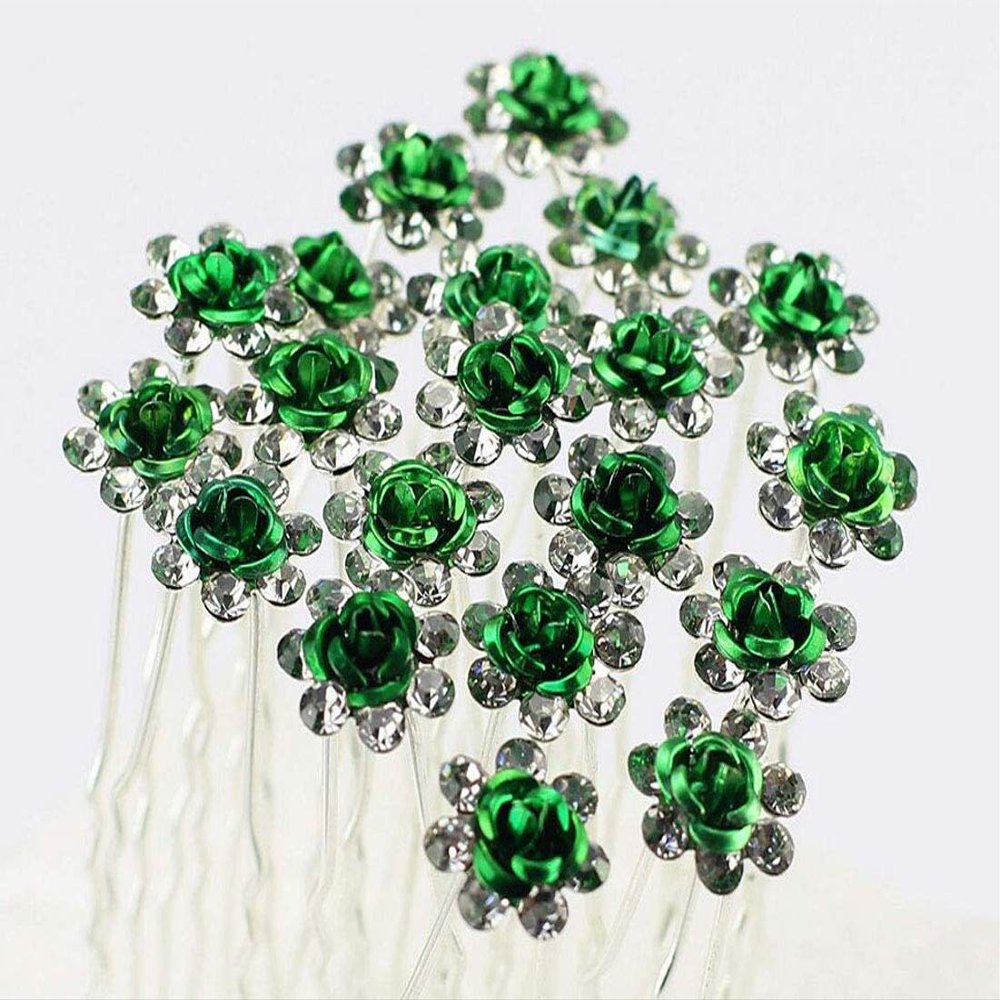 20 PCS Bridal Wedding Rhinestone Rose Flower U-shaped Hair Pins Crystal Rose Flower Hair Clips for Women Hair Jewelry Accessories (Green)