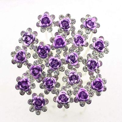 20 PCS Bridal Wedding Rhinestone Rose Flower U-shaped Hair Pins Crystal Rose Flower Hair Clips for Women Hair Jewelry Accessories (Purple)