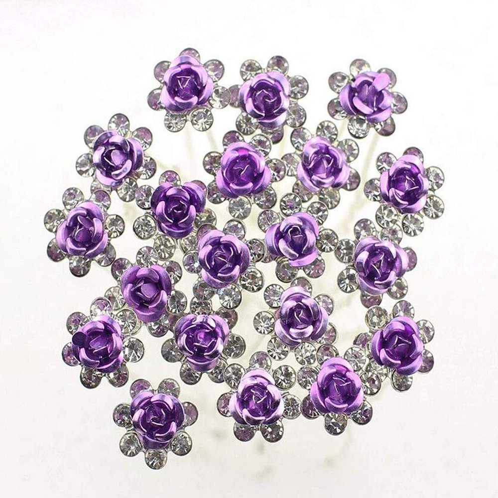 20 PCS Bridal Wedding Rhinestone Rose Flower U-shaped Hair Pins Crystal Rose Flower Hair Clips for Women Hair Jewelry Accessories (Purple)