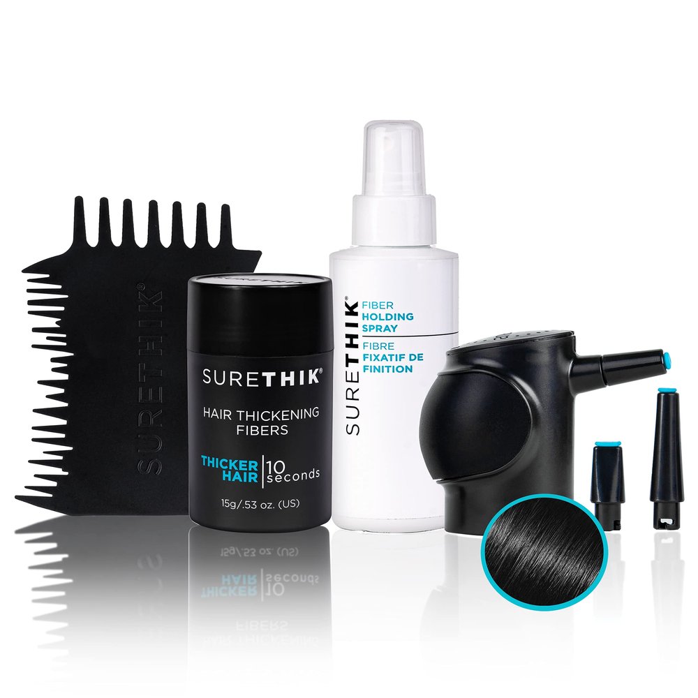 SureThik Hair Thickening Fiber Starter Package - With Application Tools - Comes with 1 x 15g Hair Fiber, 1 x 3oz Holding Spray, 1 x Hair Fiber Spray Applicator & 1 x Hairline Tool (Black)