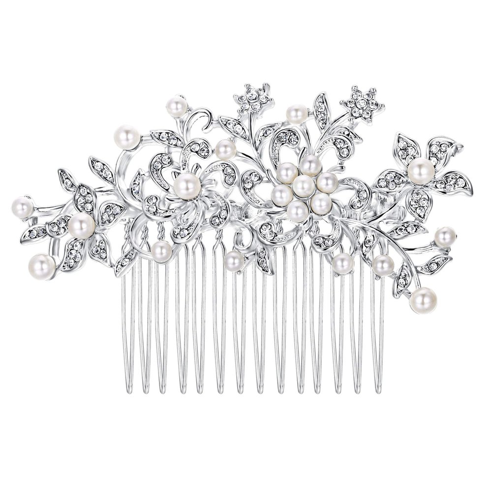 EVER FAITH Women's Wedding Hair Accessories Crystal Ivory Color Simulated Pearl Flower Side Comb Clear Silver-Tone