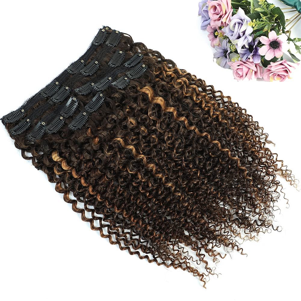 Clip in Hair Extensions for Black Women 18 Inch Kinky Curly Clip in Hair Extensions African American Clip ins 3C 4A Ombre 4/30 Curly Human Hair Triple Weft Thick Soft Full Head