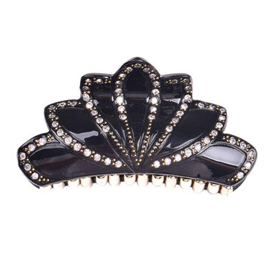 Acrylic Solid Color Crown Shape Hair Claw Clips Elegant Rhinestone Jaw Clip Hairpins Strong Grab Hair Clip Ponytail Holder Women Hair Accessories (Black)