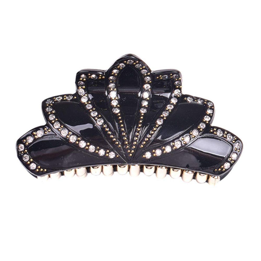 Acrylic Solid Color Crown Shape Hair Claw Clips Elegant Rhinestone Jaw Clip Hairpins Strong Grab Hair Clip Ponytail Holder Women Hair Accessories (Black)