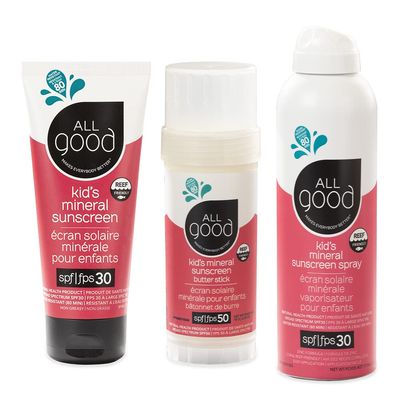 All Good Baby & Kids Mineral Face & Body Sunscreen - UVA/UVB Broad Spectrum, Coral Reef Friendly, Water Resistant, Zinc Oxide - SPF 50 Butter Stick, SPF 30 Lotion & Spray