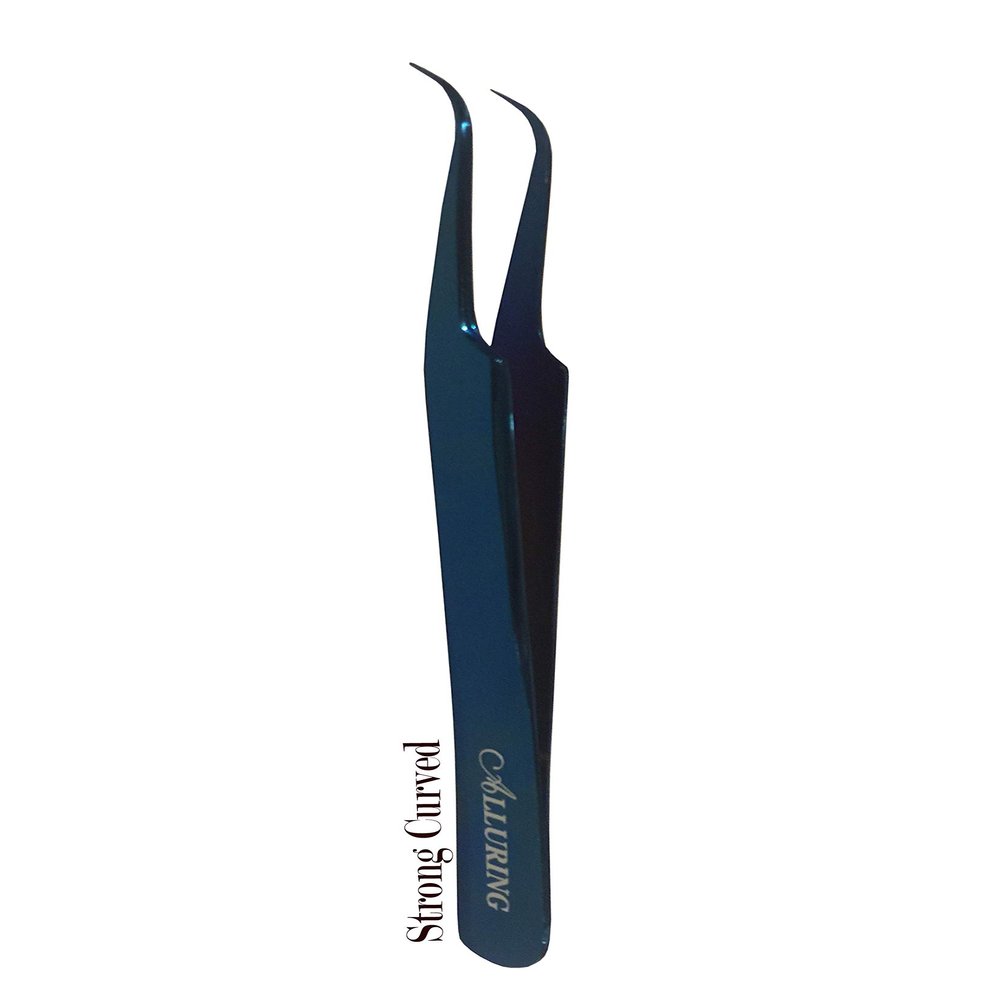 Alluring TITANIUM BLUE Tweezers for Eyelash Extension for Volume Lashes - Strong Curved