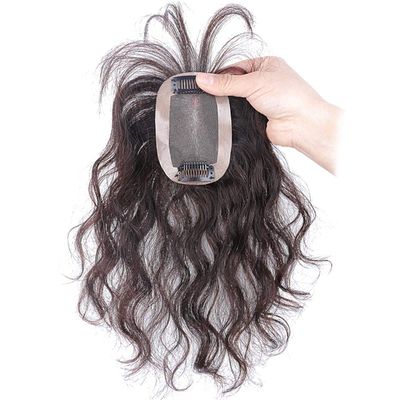 Hand Woven Mono Human Hair Topper Natural Curly Crown Closure Hairpiece with Bangs for Women, 10" Dark Brown