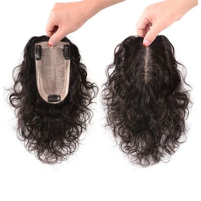 3.5"x5.5" Silk Top Curly Hair Crown Toppers Closure Clip in Toupee Wiglet Hairpieces for Thinning Hair, 12" Dark Brown