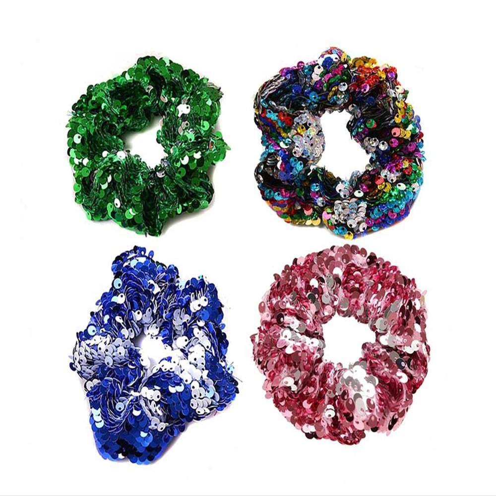 Fodattm Set of 4 Elastic Sparkly Sequins Scrunchies Hair Bands Glitter Hair Ties Scrunchy Hair Rope Ponytail Holder