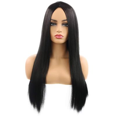 Synthetic Wigs for Women Long Straight Black Wig Middle Part Heat Resistant Fiber Cosplay Halloween Party Wig (Black)