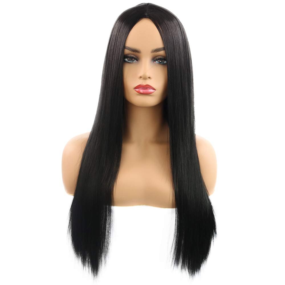 Synthetic Wigs for Women Long Straight Black Wig Middle Part Heat Resistant Fiber Cosplay Halloween Party Wig (Black)