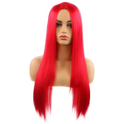 Synthetic Wigs for Women Long Straight Black Wig Middle Part Heat Resistant Fiber Cosplay Halloween Party Wig (Red)