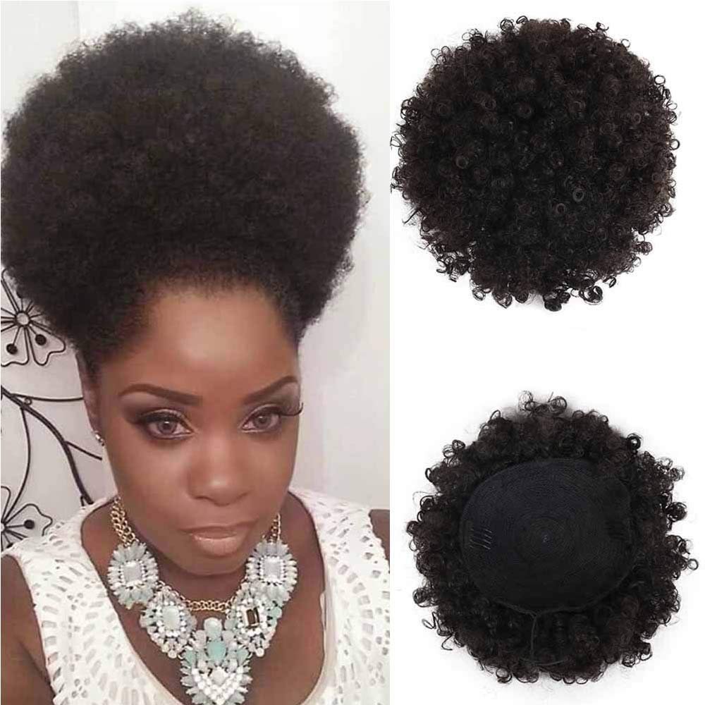 10inch Big Afro Puff Hair Bun with 4 Clips Afro Wig Updo Hair Chignon Bun Synthetic Curly Hair Ponytail Short Afro Kinky Curly Drawstring Puff Donut Elastic Wrap Hairpieces