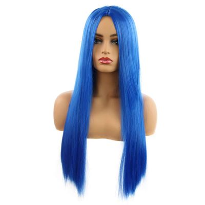 Synthetic Wigs for Women Long Straight Black Wig Middle Part Heat Resistant Fiber Cosplay Halloween Party Wig (Royal Blue)