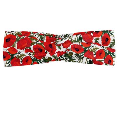 Ambesonne Poppy Flower Headband for Women, Abstract Pattern with Garden Foliage Botanical Bouquets Flowery Meadows, Elastic Comfy Hair Accessory Knotted Head Wrap Everyday Use, XS-S, White Green Red