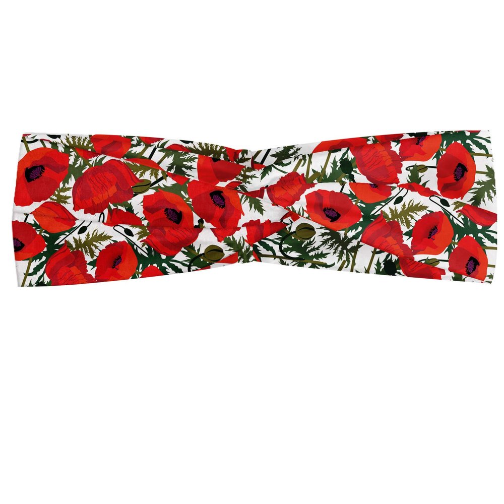 Ambesonne Poppy Flower Headband for Women, Abstract Pattern with Garden Foliage Botanical Bouquets Flowery Meadows, Elastic Comfy Hair Accessory Knotted Head Wrap Everyday Use, XS-S, White Green Red
