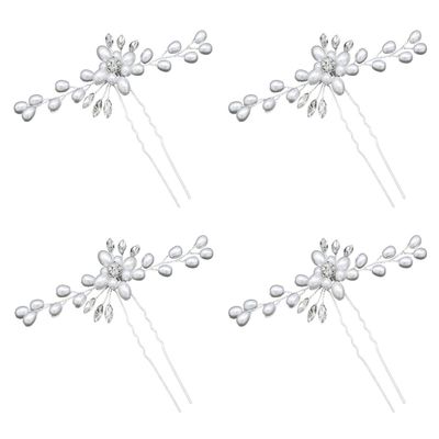 4 Pcs Elegant Rhinestone Crystal Hairpin Imitation Pearls Flower Bride Headwear U-shaped Hair Fork Hairpin Woman Hair Accessory (Silver)