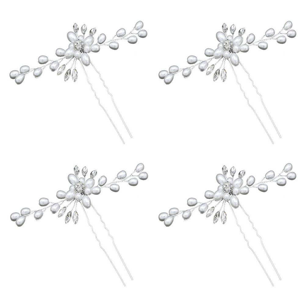 4 Pcs Elegant Rhinestone Crystal Hairpin Imitation Pearls Flower Bride Headwear U-shaped Hair Fork Hairpin Woman Hair Accessory (Silver)