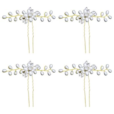 4 Pcs Elegant Rhinestone Crystal Hairpin Imitation Pearls Flower Bride Headwear U-shaped Hair Fork Hairpin Woman Hair Accessory (Gold)