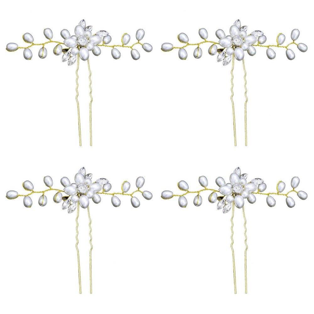 4 Pcs Elegant Rhinestone Crystal Hairpin Imitation Pearls Flower Bride Headwear U-shaped Hair Fork Hairpin Woman Hair Accessory (Gold)