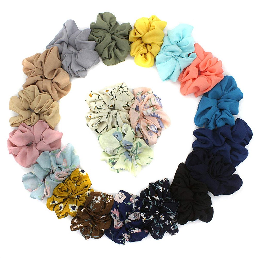 20 Pcs Fashion Elastic hair Ring - Include 12 Chiffon Flower Hair Rope and 8 Solid Chiffon Hair Band Ponytail Holder Woman Ladies Hair Accessories (Random Color)