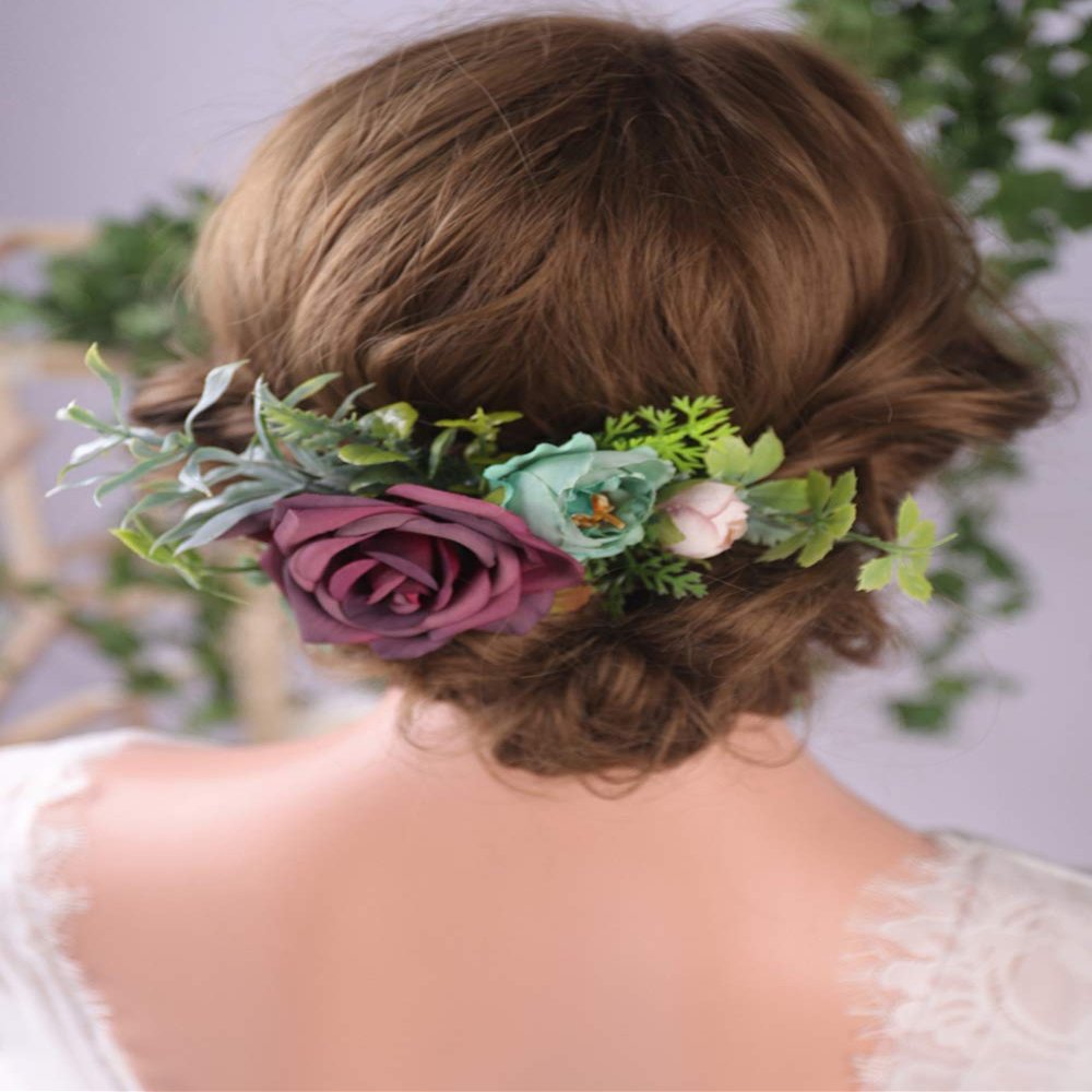 Anglacesmade Bridal Flower and Leaf Hair Comb Burgundy Dark Red Floral Back Comb Eucalyptus Bush Headpiece for Rustic Wedding Photo Shoot Bride Bridesmaids Flower Girls Hair Accessories