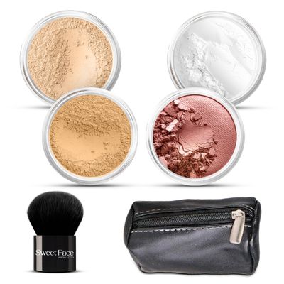 6pc FULL SIZE KIT KABUKI & KABAGGIE Tote Mineral Makeup Set Matte Foundation Bare Face Sheer Powder Cover (Warm/Neutral)