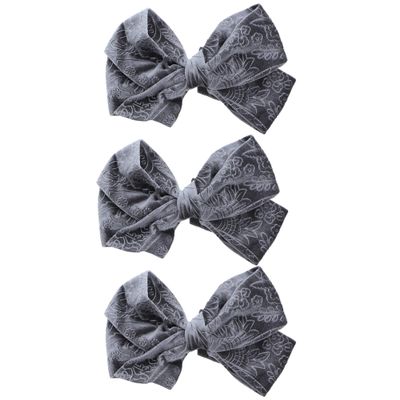 Big Velvet Hair Bow Clip With Design for girls - Set of 3 Grey
