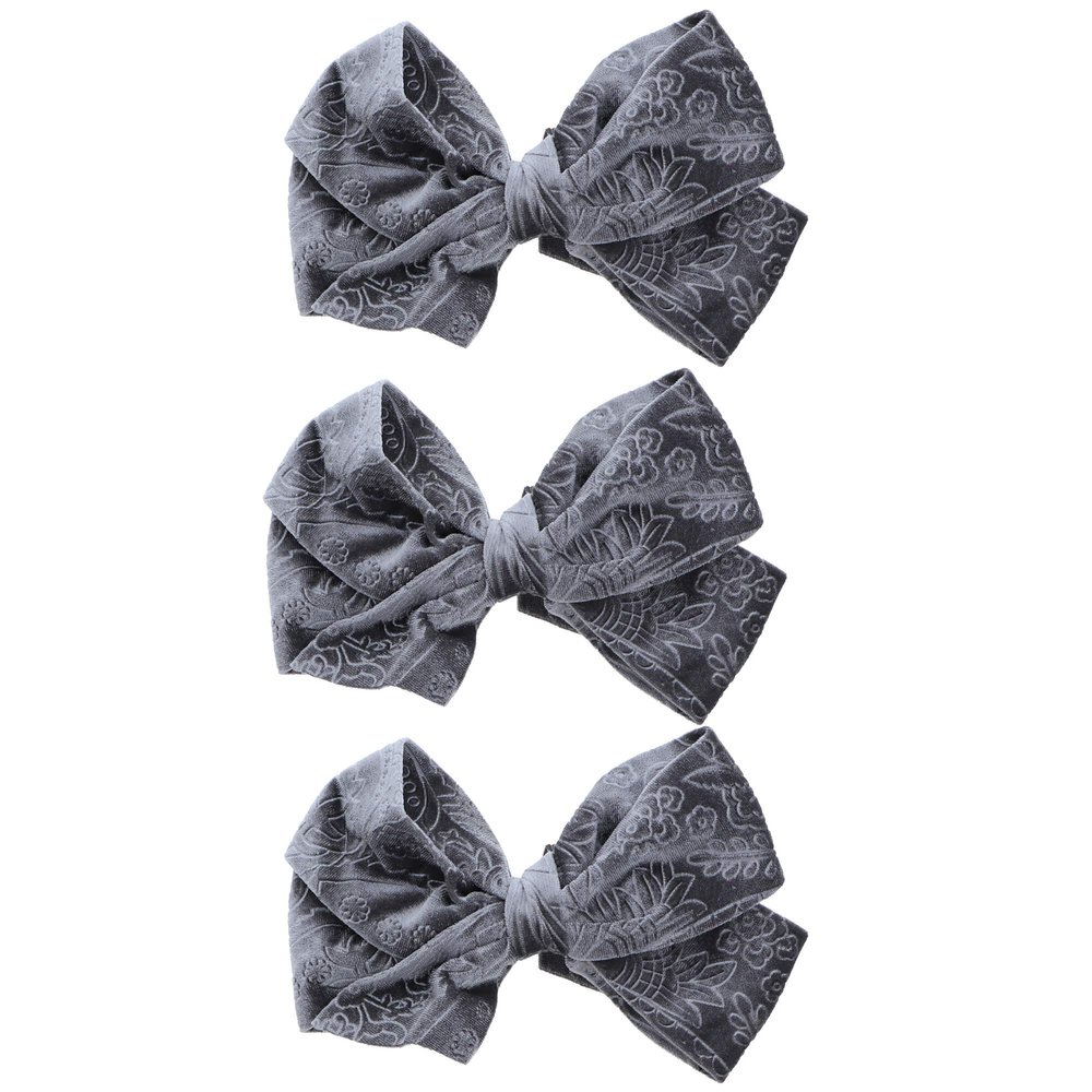Big Velvet Hair Bow Clip With Design for girls - Set of 3 Grey