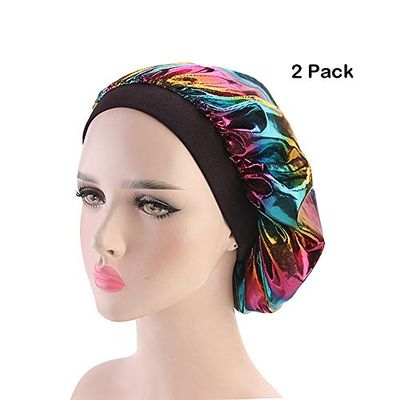 Magik Women Satin Night Sleep Cap Hair Bonnet Hat Silk Head Cover Wide Elastic Band (2 Pack, Holographic Black)