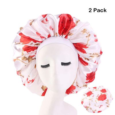 Magik Extra Large Long Hair Care Satin Bonnet Cap Night Sleep Hat Head Wrap Cover (White&Red Flower, 2)