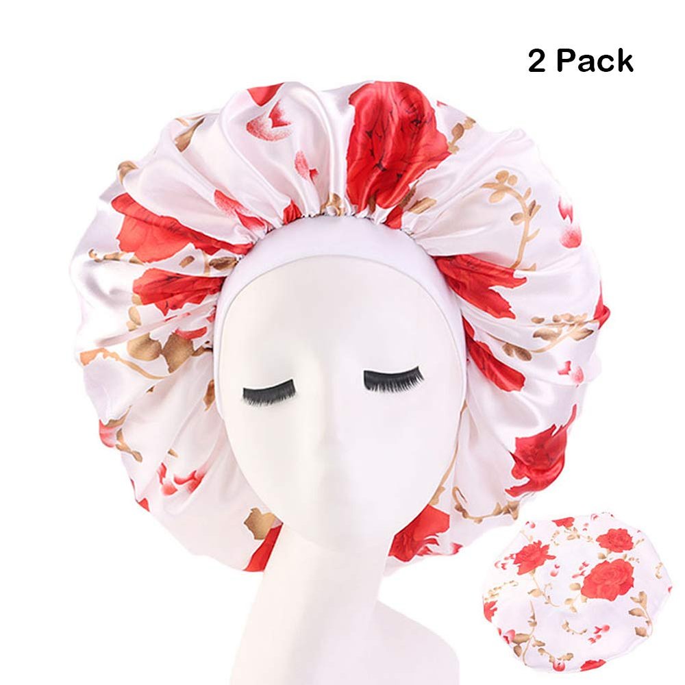 Magik Extra Large Long Hair Care Satin Bonnet Cap Night Sleep Hat Head Wrap Cover (White&Red Flower, 2)