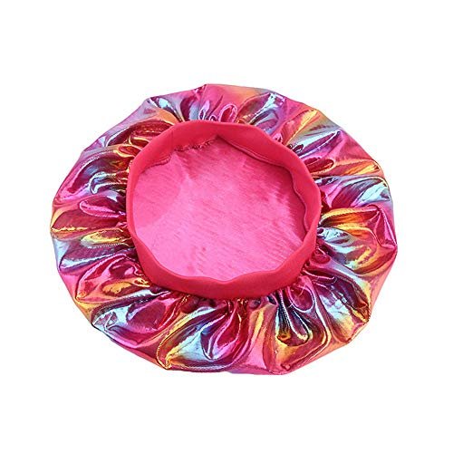 Magik Women Satin Night Sleep Cap Hair Bonnet Hat Silk Head Cover Wide Elastic Band (2 Pack, Holographic Hot Pink)