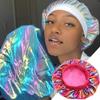 Magik Women Satin Night Sleep Cap Hair Bonnet Hat Silk Head Cover Wide Elastic Band (2 Pack, Holographic Hot Pink) view 4