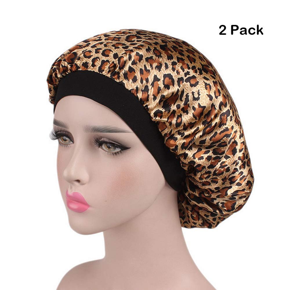 Magik Women Satin Night Sleep Cap Hair Bonnet Hat Silk Head Cover Wide Elastic Band (2 Pack, Leaf)