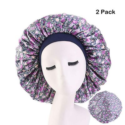 Magik Extra Large Long Hair Care Satin Bonnet Cap Night Sleep Hat Head Wrap Cover (Purple Flower, 2)