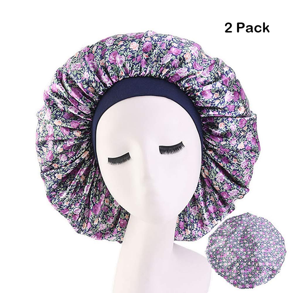 Magik Extra Large Long Hair Care Satin Bonnet Cap Night Sleep Hat Head Wrap Cover (Purple Flower, 2)