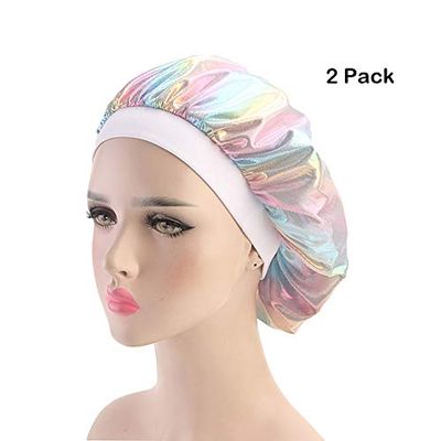 Magik Women Satin Night Sleep Cap Hair Bonnet Hat Silk Head Cover Wide Elastic Band (2 Pack, Holographic Pink)