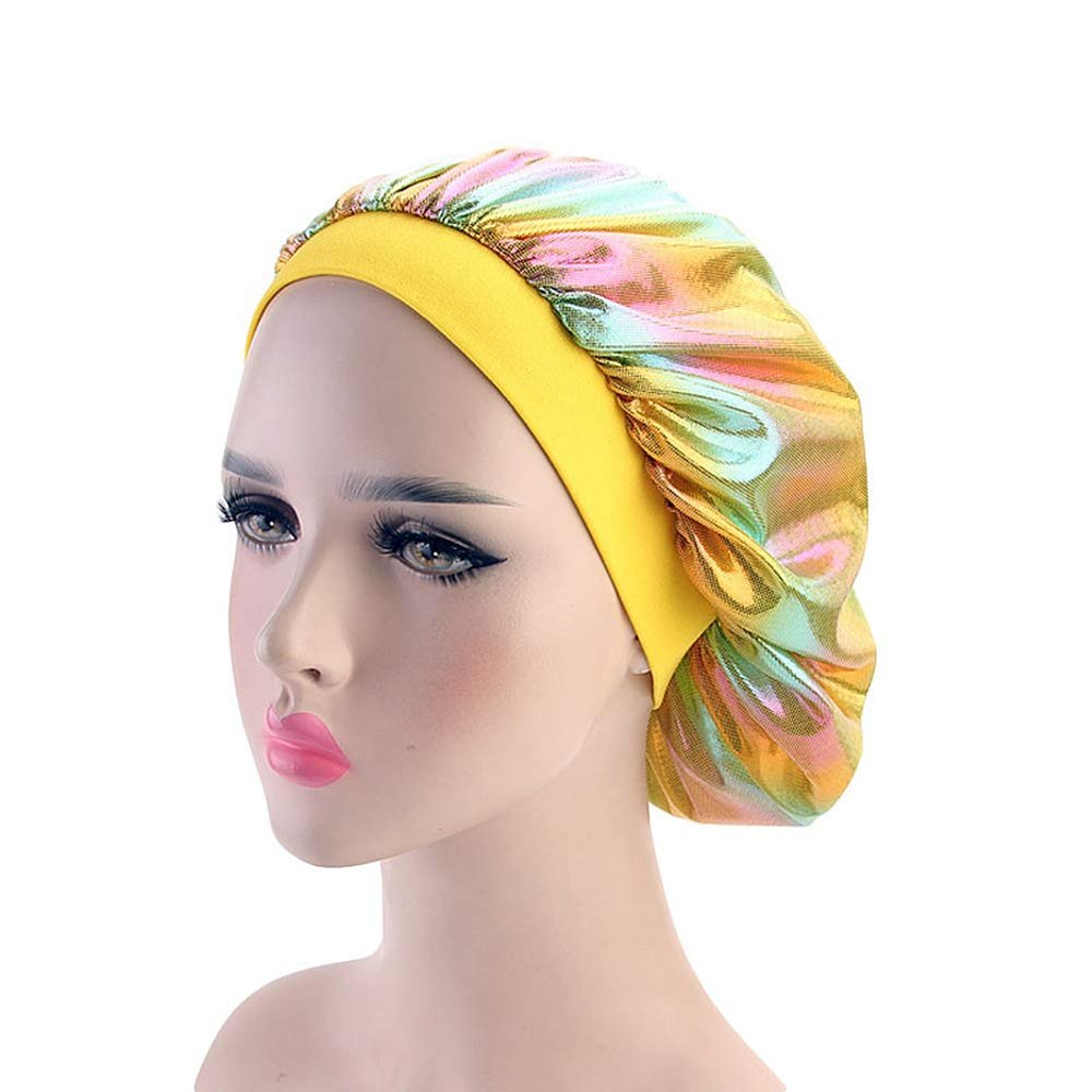 Magik Women Satin Night Sleep Cap Hair Bonnet Hat Silk Head Cover Wide Elastic Band (2 Pack, Holographic Yellow)