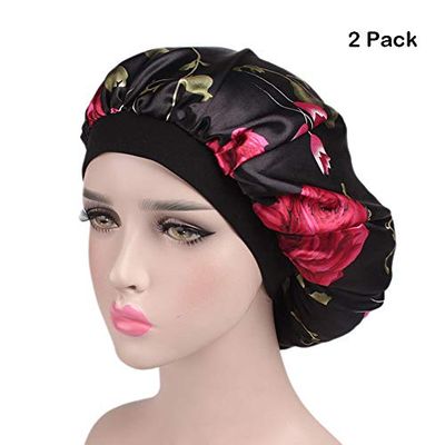 Magik Women Satin Night Sleep Cap Hair Bonnet Hat Silk Head Cover Wide Elastic Band (2 Pack, Black Flower)